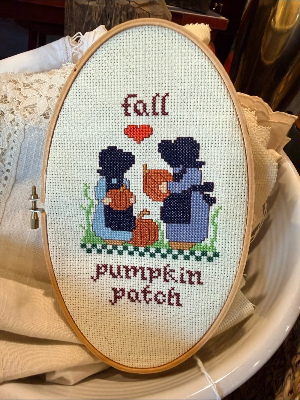 Fall Pumpkin Patch Cross Stitch Wall Decor - Navy & Orange